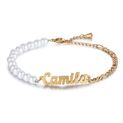 Personalized Stainless Steel Pearl Name Bracelet - Gold Plated