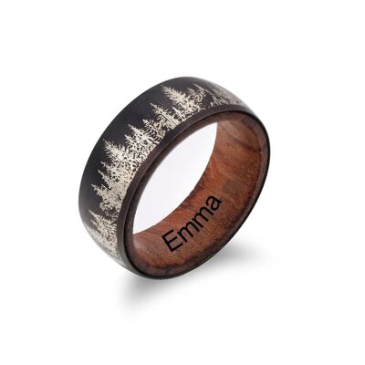 Bague personnalisée sur le thème de la forêt en acier titane et bois massif - Taille 5 - Pour homme