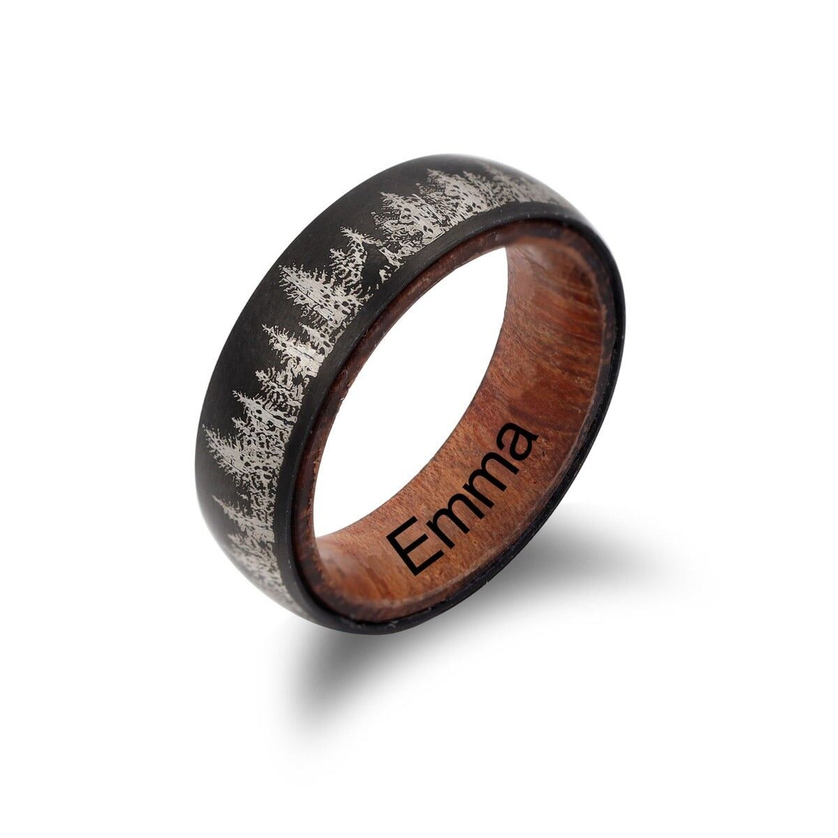 Anillo personalizado de acero de titanio y madera maciza con diseño de bosque - Talla 7 - Para mujer