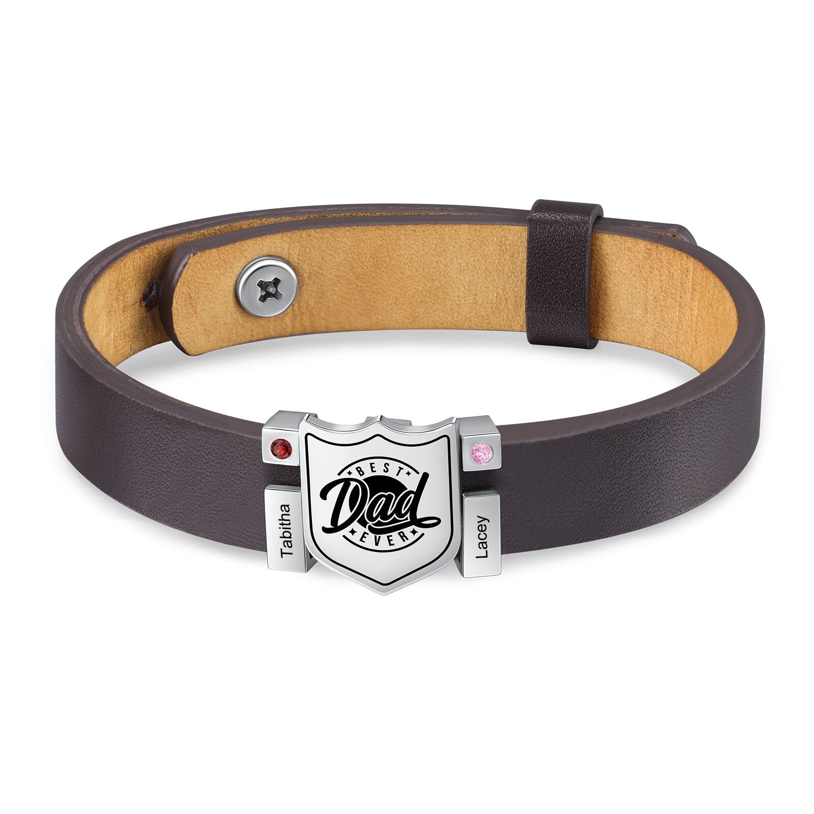 Lederarmband aus Edelstahl mit Geburtssteinen - Weißgold plattiert - 2 - 1