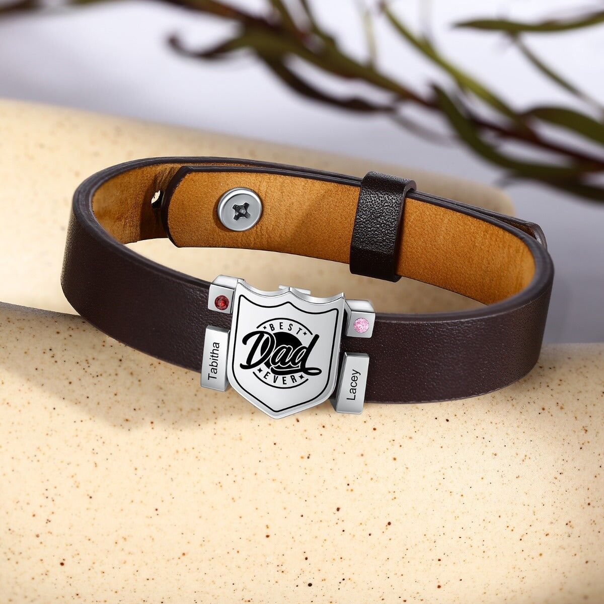 Lederarmband aus Edelstahl mit Geburtssteinen - Vergoldet - 6 - 3