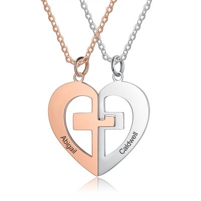 Zweifarbige personalisierte Edelstahl-Herz-Halskette mit Kreuz