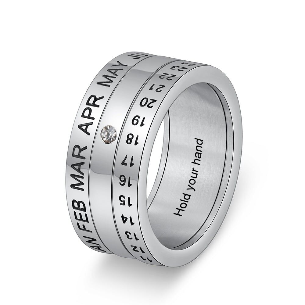 Bague Acier Inoxydable Date Spéciale Personnalisée - Taille 9 - Plaqué Or Blanc