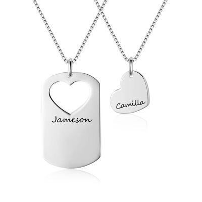 Personalized Heart Pendant and Cutout Tag Couple's Necklace Set