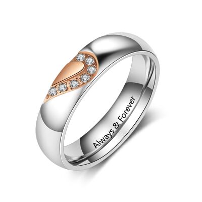 Anillo de pareja de acero inoxidable personalizado con tema de corazón - Tamaño 6 - Para mujer