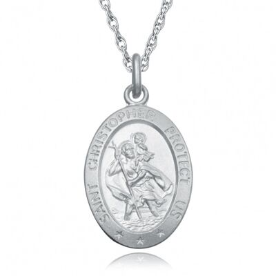 Sterling Silver Saint Christopher Oval Pendant with 20 inch chain
