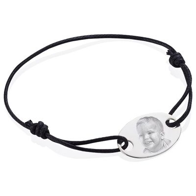 Ovales schwarzes Kordelarmband aus Sterlingsilber | Gravierbar