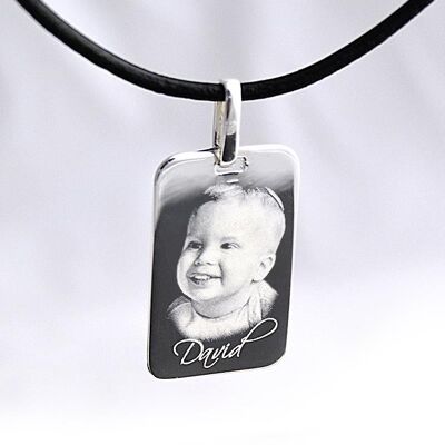 Sterling Silver Rectangle Dog Tag Pendant, Photo & Text Engraved Valentine's day gift