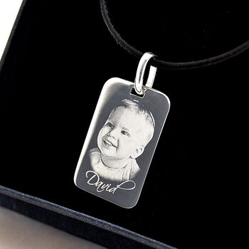 Pendentif étiquette de chien rectangle en argent sterling, photo et texte gravé cadeau de la Saint-Valentin 2