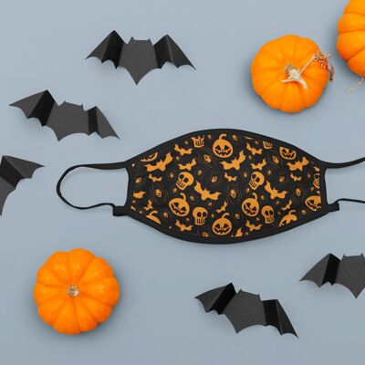 Personalised Kids Halloween Face Cover Mask - pumpkin and bats