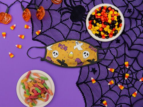 Personalised Kids Halloween Face Cover Mask - candy and skull orange