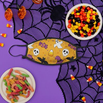 Maschera personalizzata per la copertura del viso di Halloween per bambini - caramelle e teschio arancione