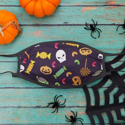 Personalised Kids Halloween Face Cover Mask - candy and skull dark