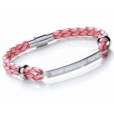 Personalised Pink Tribal Steel Leather Bracelet with ID plate Mother's day gift