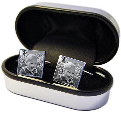 Personalised Photo Engraved Square Cufflinks in Personalised Chromed Box Valentine's day gift