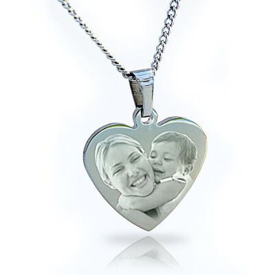 Photo engraved Heart Pendant with 22 inch Necklace Mother's day gift