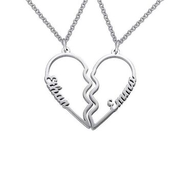 Collier Prénom Coeur de Couple Découpé - Cuivre - Plaqué Or Blanc - 18 Pouces