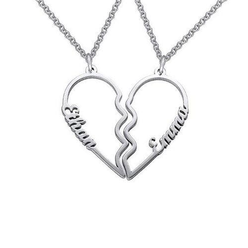 Cutout Couple's Heart Name Necklace - 925 Sterling Silver - White Gold Plated - 14 inch