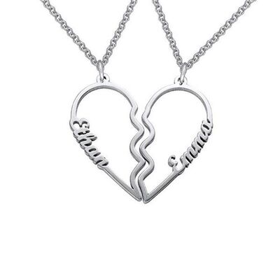 Cutout Couple's Heart Name Necklace - 925 Sterling Silver - White Gold Plated - 14 inch