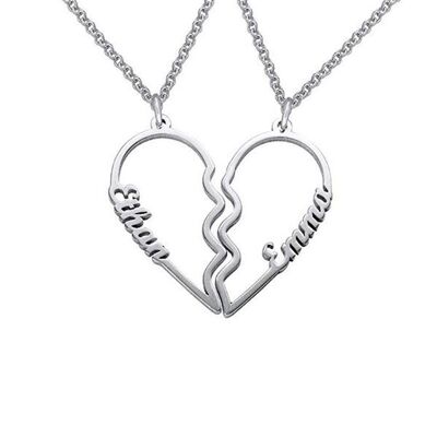 Cutout Couple's Heart Name Necklace - 925 Sterling Silver - White Gold Plated - 16 inch