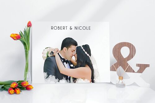 Custom Personalised Newlyweds illustration, wedding anniversary gift, Couple Portrait, HD glossy metal print