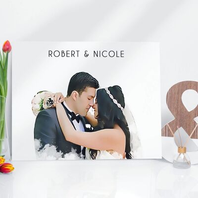 Illustrazione personalizzata personalizzata di sposi novelli, regalo di anniversario di matrimonio, ritratto di coppia, stampa in metallo lucido HD