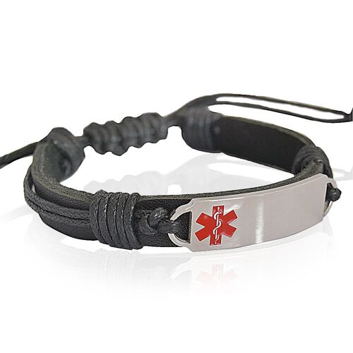 Medical Alert Id Bracelet with Black Leather Band | Engravable