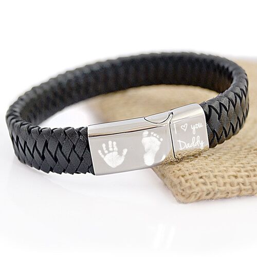 Engraved Message Black Leather Bracelet with Stainless Steel Clasp Father's day gift