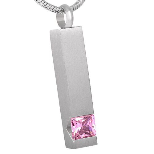 Cremation Keepsake Bar Pendant with Pink Gemstone - Engravable