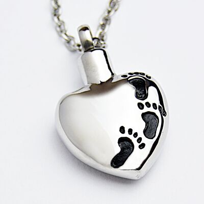 Cremation Jewellery, Footprints On Heart Stainless Steel