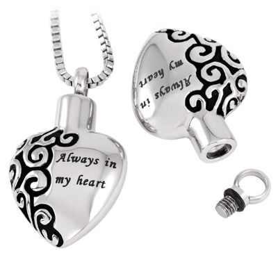 "Always in my heart" cremation jewellery, heart pendant with necklace