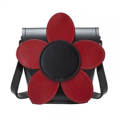 Handgemachte Ledertasche mit Mohnblume - Schwarz und Rot