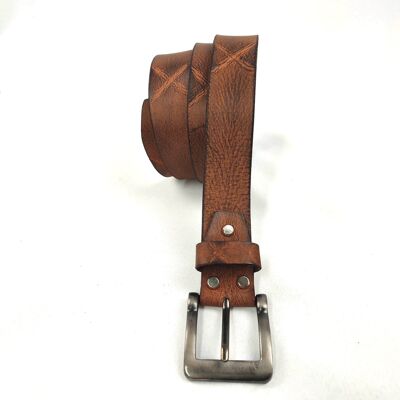Leather Belt 38.mm Antiqued by Hand Cross Design beige