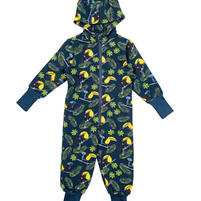 Warm baby jumpsuit with toucan print, blue