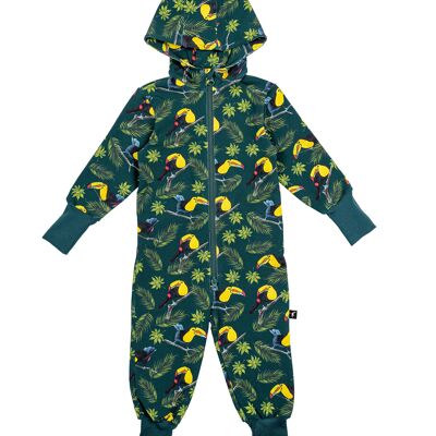Warm baby jumpsuit with toucan print, green