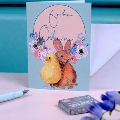 Greeting card bunny and chick mint