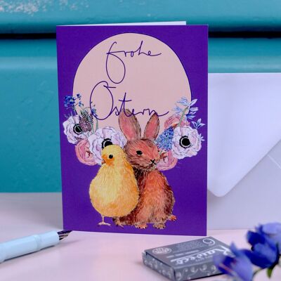 Greeting card rabbit and chick purple