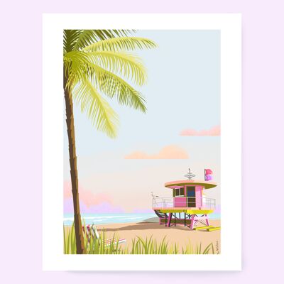 Miami Beach poster, Florida beach, palm trees, vintage lifeguard cabin A4