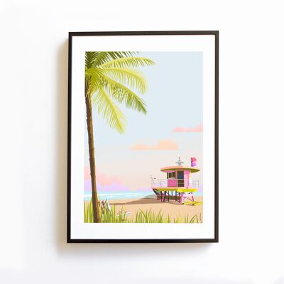 Miami Beach Florida beach poster, palm trees, lifeguard cabin A3 format