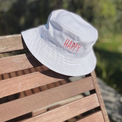 Cappello da pescatore in cotone ricamato “Happy”.