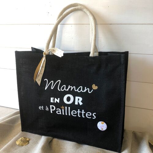 Sac en jute noir Maman en Or et à Paillettes (fête des mères)