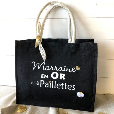 Sac en jute noir Marraine en Or et à Paillettes