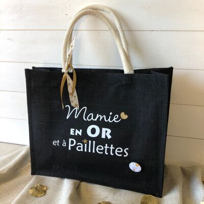 Mamie Black Jute Bag in Gold and Sequins