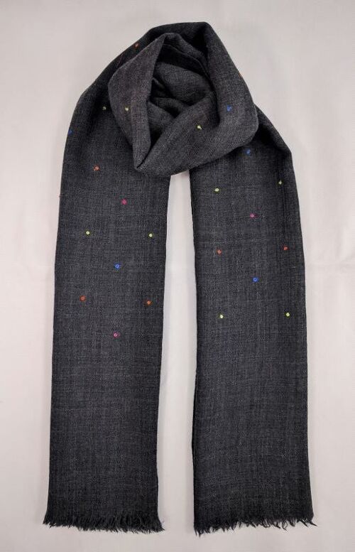 Multi Color Embroidered Dots Wool Silk Scarf - Charcoal Grey