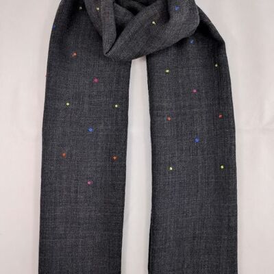 Multi Color Embroidered Dots Wool Silk Scarf - Charcoal Grey