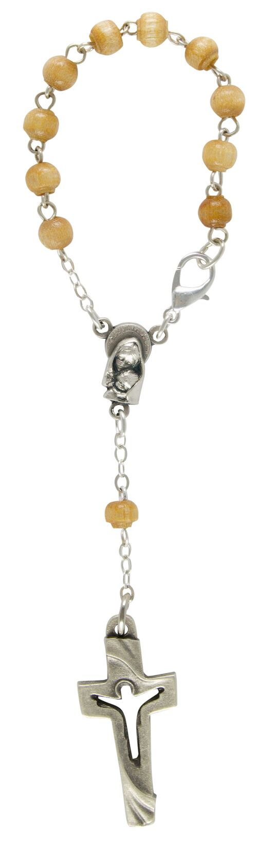 Zehner-Rosenkranz hellbraun Perle 6 mm, Kreuz modern