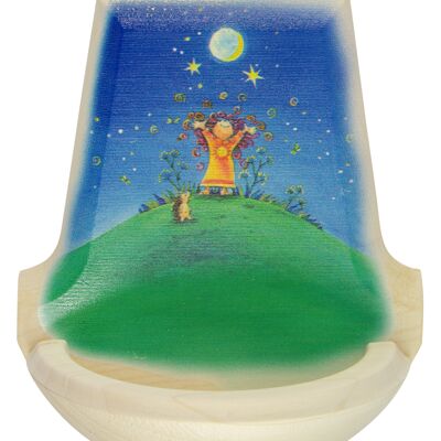 Wooden votive cauldron sycamore child with hedgehog moon/stars