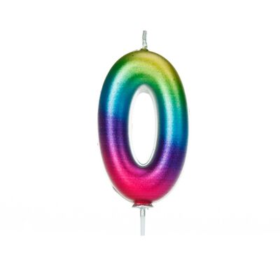 Vela arcoíris con púa moldeada con números metálicos de 0 años
