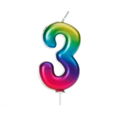 Vela arcoíris con púa moldeada con números metálicos de 3 años