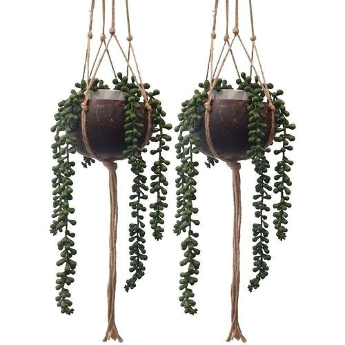 Vie Naturals Pair of Coconut Shell Pot Holders with Sturdy Jute Macrame Style Hanging Rope